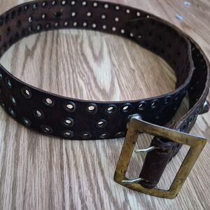 80s Vintage Studded Brown Leather Belt with Brass Buckle